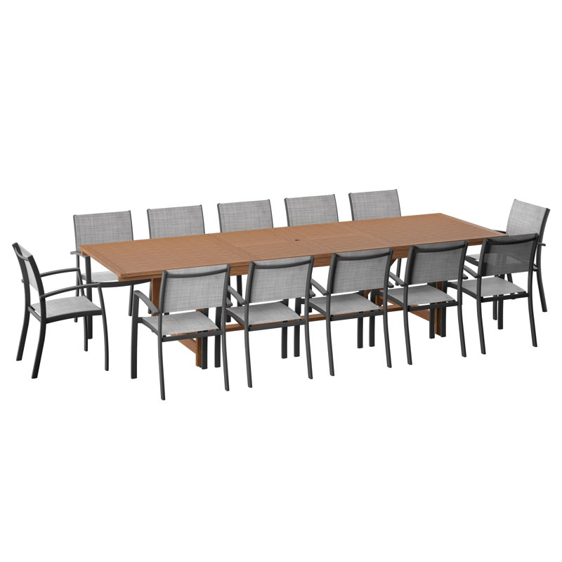 Wayland 13-Piece Outdoor Rectangular Extendable Dining Table And Chairs Set | Teak Finish & Aluminum | Ideal For Patio, Light Brown Table