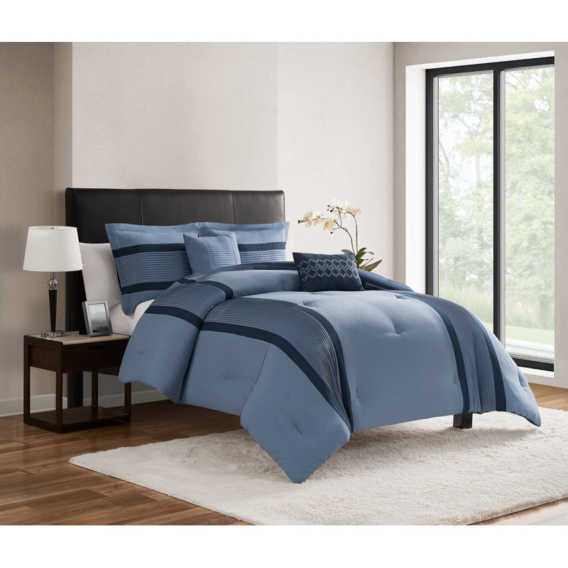 Ensemble d'édredon plissé Hamden, Très grand édredon + 4 pièces supplémentaires, Bleu / bleu marine