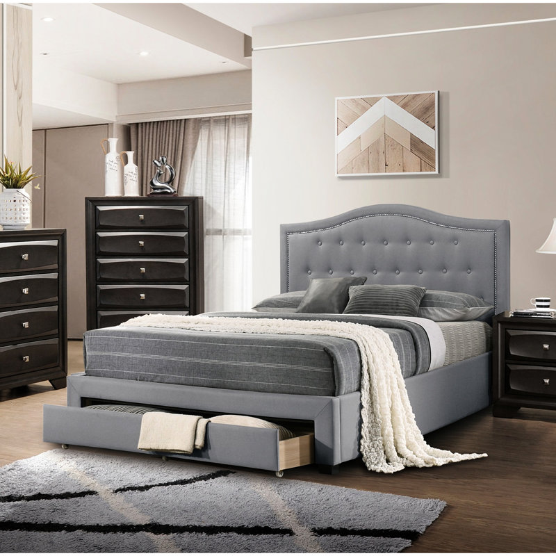 Modern Twin Size Bed With Burlap Headboard And Hidden Storage Drawer In Grey Contemporary Fabric Upholstered