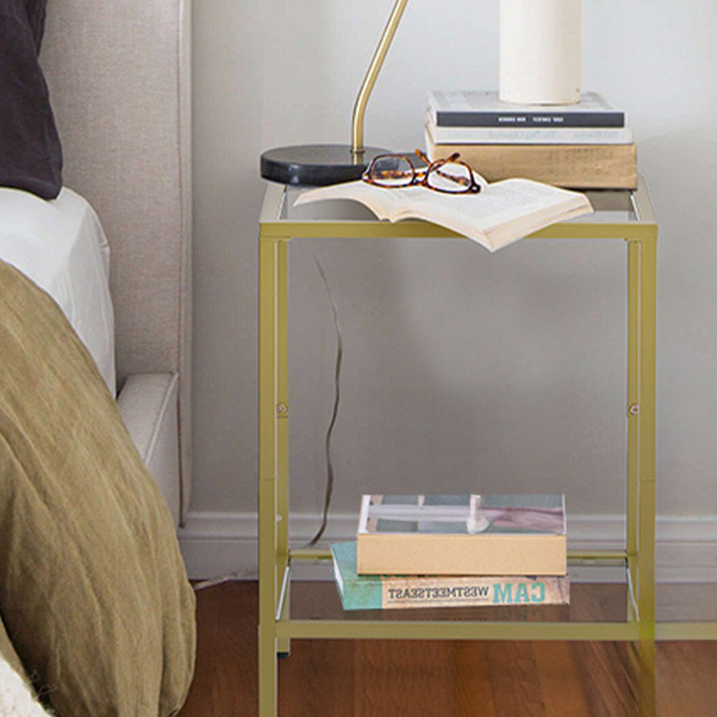 Gold Metal and Glass 2-Tier Rectangular Side Tables Set