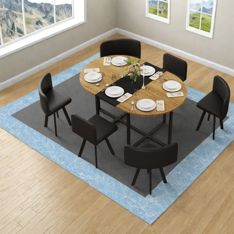 Ensemble de table à manger moderne 7 pièces, finition bois et noir, compact pour les petits espaces