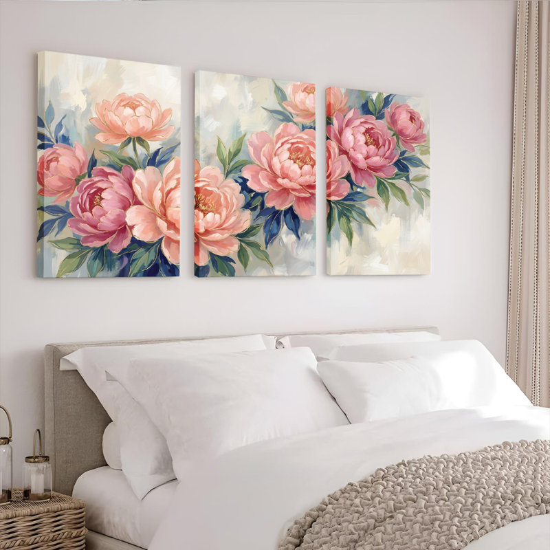 Ensemble de 3 tableaux muraux sur toile tendue représentant des pivoines, pour la décoration du salon et de la chambre.