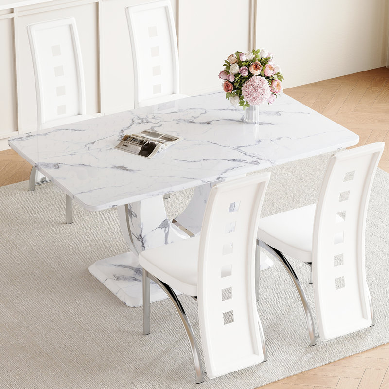 Table de salle à manger à assemblage rapide 63 po x 37 po avec 4 chaises en polyuréthane robuste à stabilité rapide 63 x 37 x 30 po