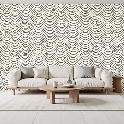 Papier peint adhésif abstrait noir et blanc à motif géométrique ondulé à lignes courbes H 69 po x l 96 po, papier peint amovible en PVC pour chambre à coucher, bureau à domicile