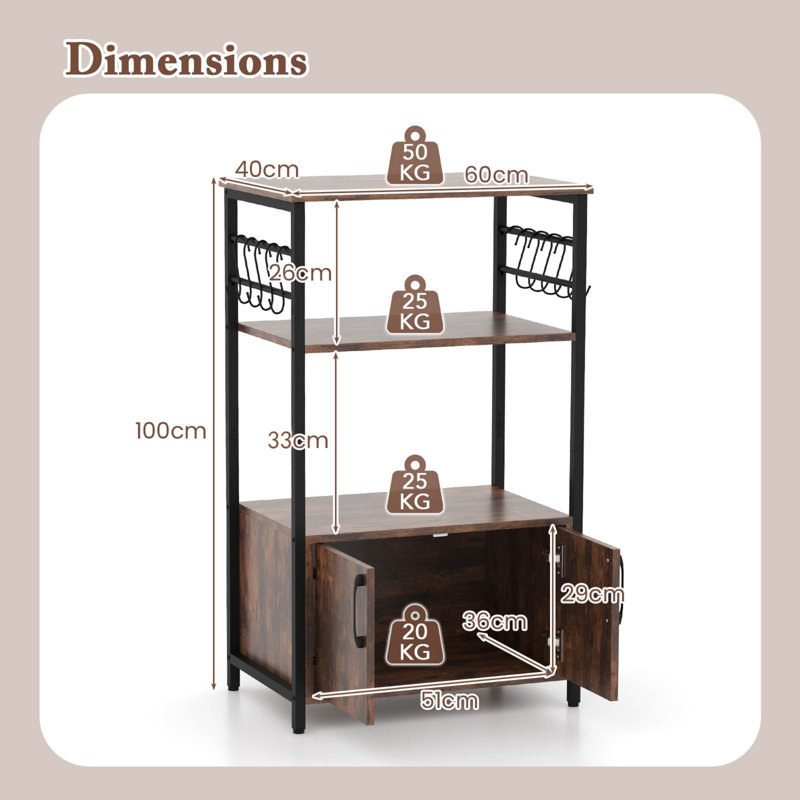 3-Tier Kitchen Bakers Rack With Cabinet Open Shelves And 10 Removable S-Shaped Hooks