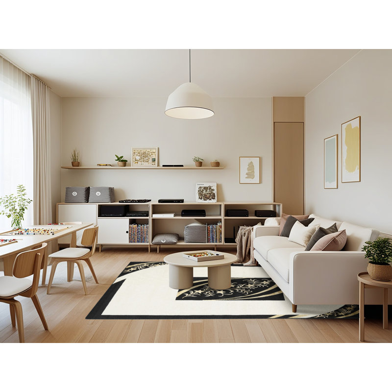 Tapis de zone noir/crème contemporaine, Rectangle 7 pi x 9 pi