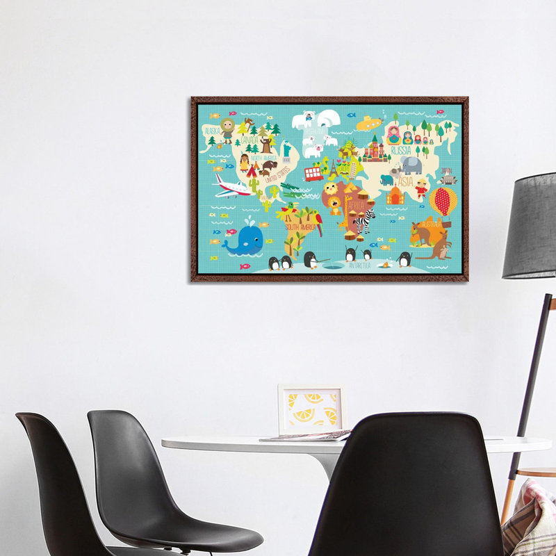 Children's World Map by Martina Hogan - Print on Canvas, Classic Brown Wood Framed, 101.6 cm H x 66.04 cm W
