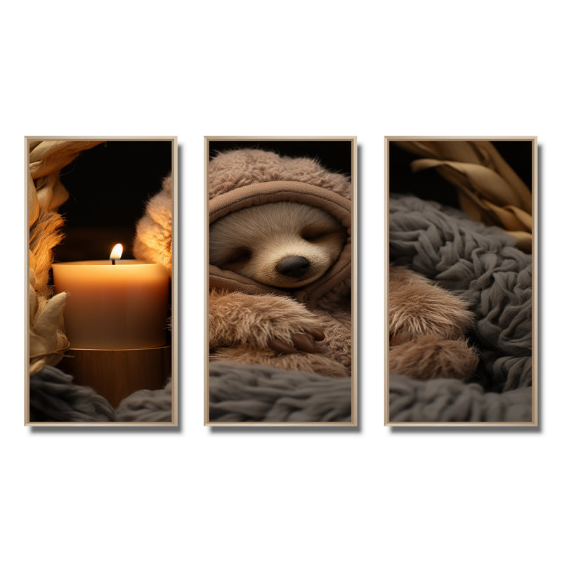 «Brown Sloth Serenity Sleep» - art mural paresseux, Cadre flottant brun, H 32 po x l 48 po