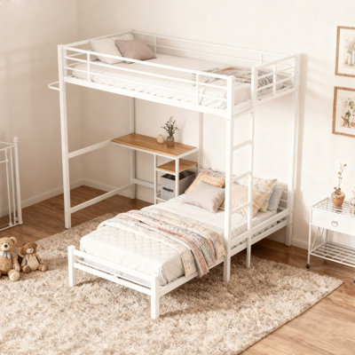Lit superposé simple au-dessus de simple avec station de travail Lit superposé en métal avec tablettes et tiroirs Lit mezzanine avec barrière de sécurité et échelle pour adolescent, blanc