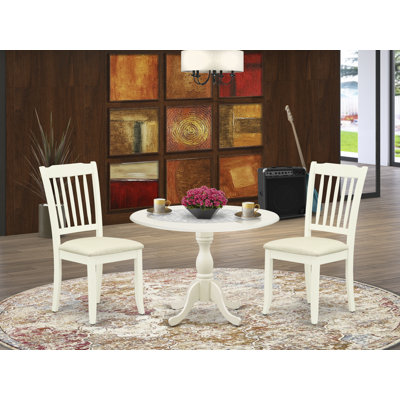 3 Piece Kitchen Table & Chairs Set Contains a Round Dining Table with Dropleaf and 2 Linen Fabric Dining Room Chairs, Linen White