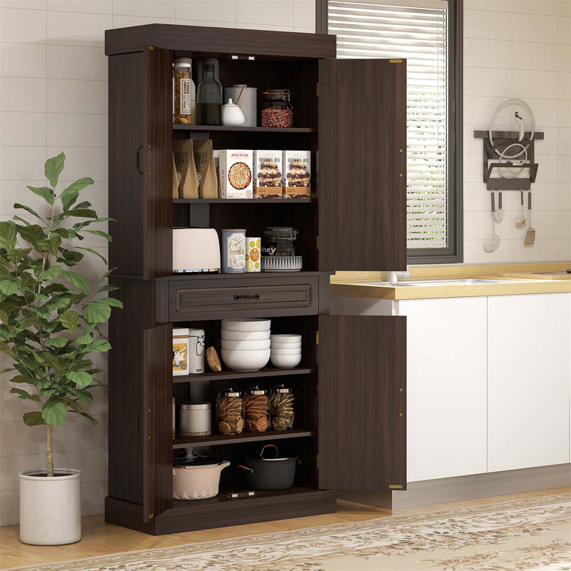 Freestanding Kitchen Pantry with 4 Doors and 2 Large Cabinets, Ideal for Dining Room and Coffee Storage