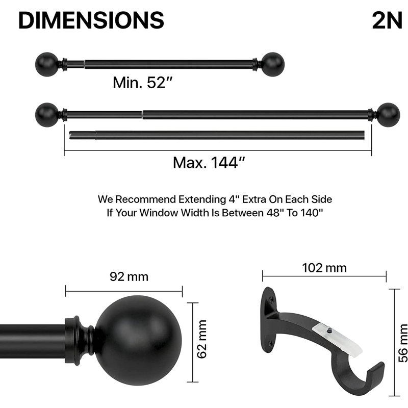 Tringle à rideaux simple réglable 1 po Tony, 52" - 144", Noir
