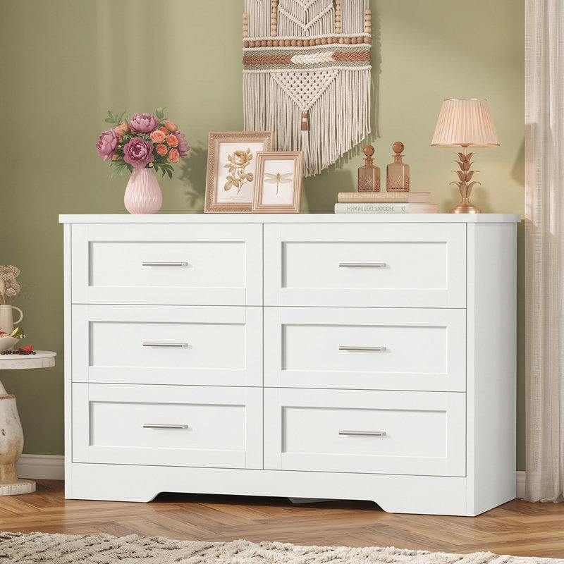 Commode double 6 tiroirs avec poignées en métal, commode moderne avec tiroirs profonds pour chambre à coucher, salon, entrée, blanc