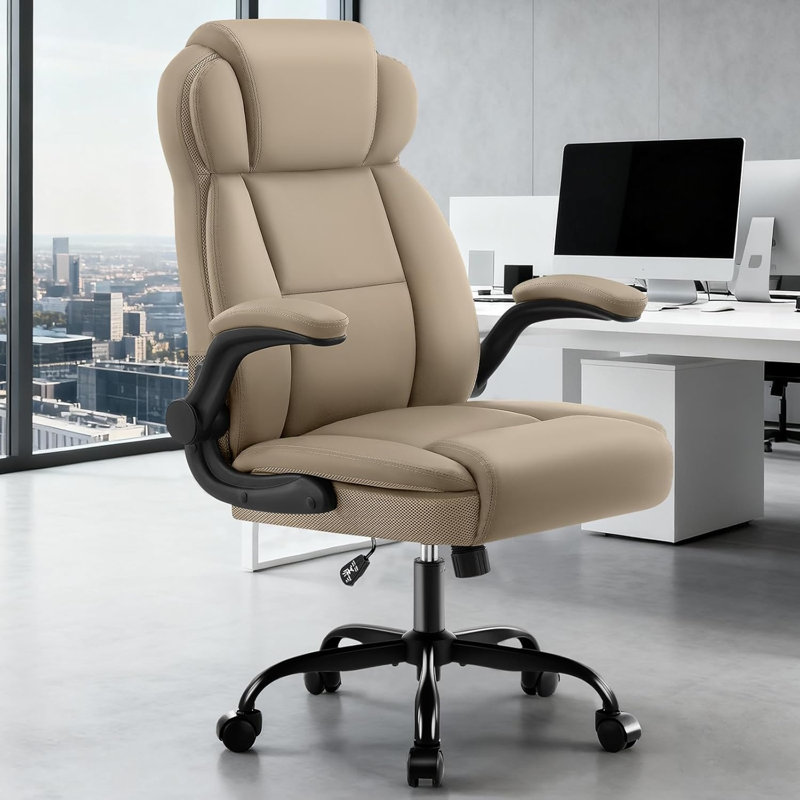 Fauteuil de bureau ergonomique avec dossier haut, repose-tête en similicuir kaki