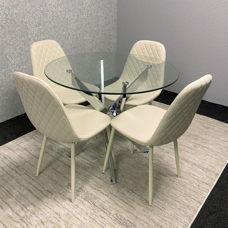 Maya Round Glass Dining Table with 4 Gem Chairs Chrome Finish, Cream