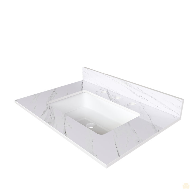 Dessus de meuble-lavabo en marbre 31 po, comptoir avec trous de robinet pré-percés, comptoir de salle de bain avec lavabo central rectangulaire encastré et dosseret de 4 po de hauteur
