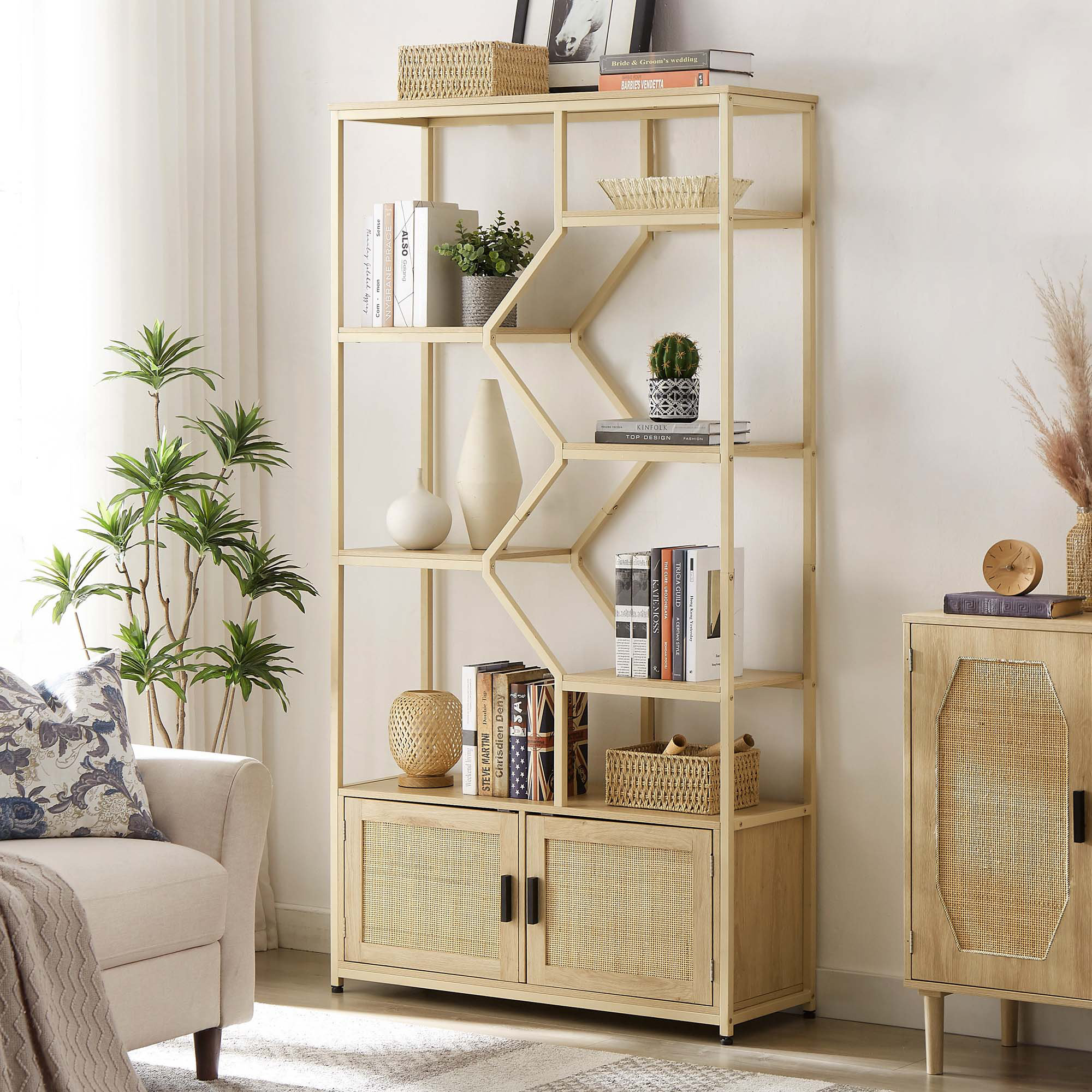 Dakota Fields Rattan Bookshelf 7 Tiers Bookcases Storage Rack With ...