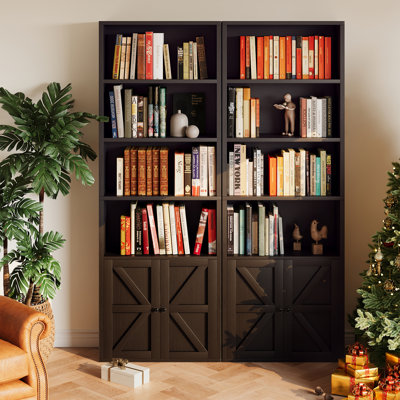 Fellsburg 6-Tier Bookshelf Set, 2-Pciece 70 Inch Tall Bookcase with Barn Door, Freestanding Wood Storage Shelf Display Shelf