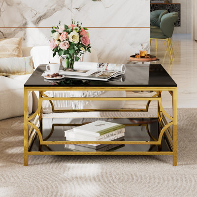 Table basse carrée en verre avec structure en métal, plateau en verre trempé et tablette inférieure