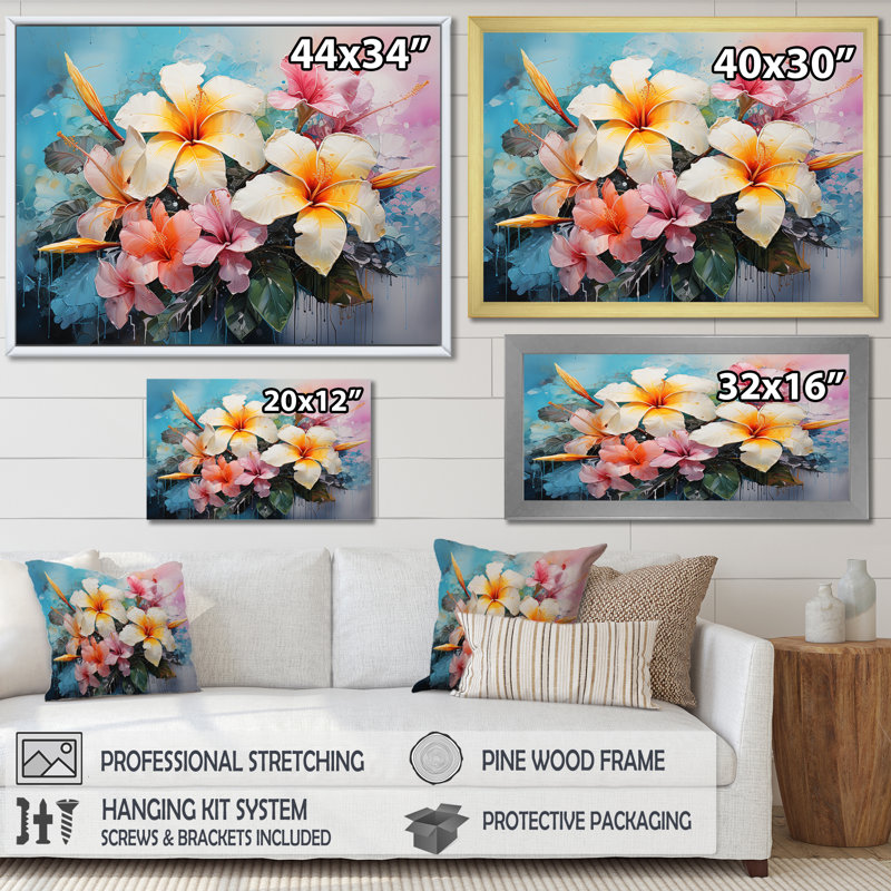 Décoration florale blanche et jaune Plumeria - Plumeria, Cadre flottant doré, H 30 po x l 40 po x P 1,5 po