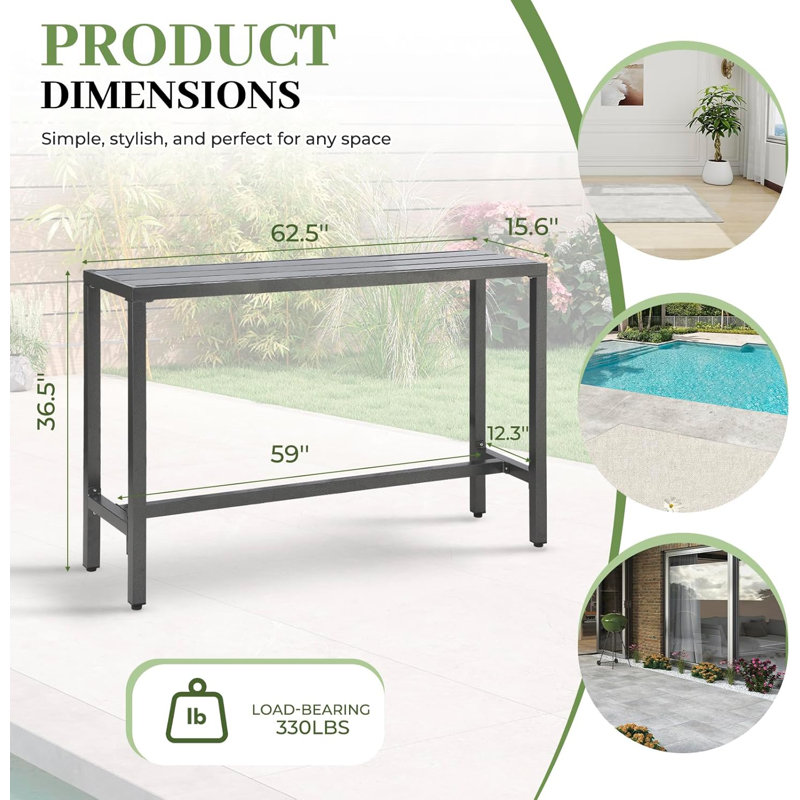 Outdoor Patio Counter Height Bar Table, 63" Rectangle For Patio, Garden, Yard, Balcony, Poolside (grey), Gray