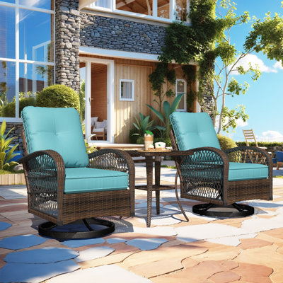 Outdoor Swivel Rocker Bistro Set - 3 Piece Wicker Patio Set With 2 Swivel Rocking Chairs, Cushions, And Tempered Glass Side Table, Perfect For Porch, Garden, Backyard, Poolside