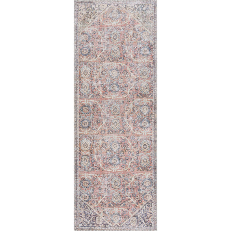 Tapis oriental rectangulaire en polyester tissé à la machine en terre cuite, Tapis de couloir 2 pi 7 po x 7 pi 3 po