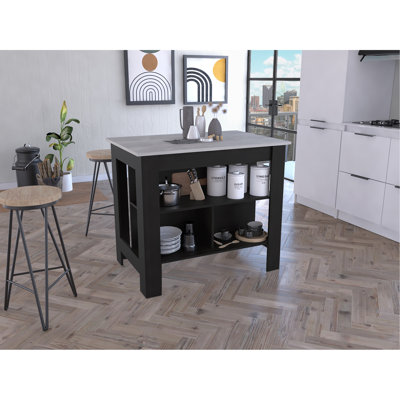 Îlot de cuisine, quatre pieds, trois tablettes - marbre noir / Ibiza