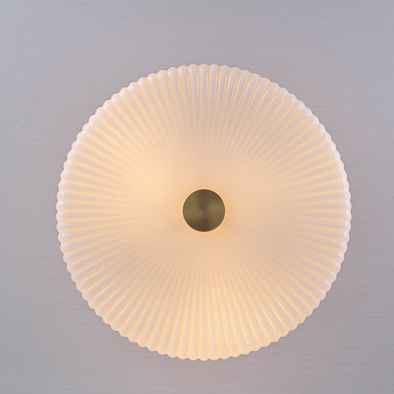 3 - Light Ribbied Glass Semi Flush Mount, Gold, White