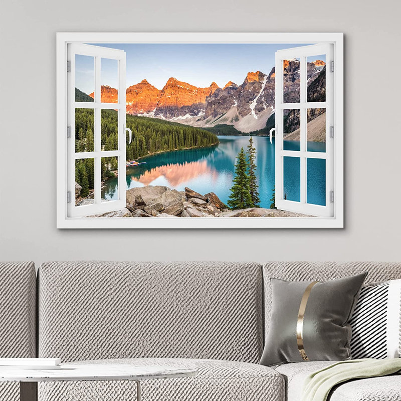 Window Scenery " Sunset Mountain Forest Lake ", 18" W x 12" H