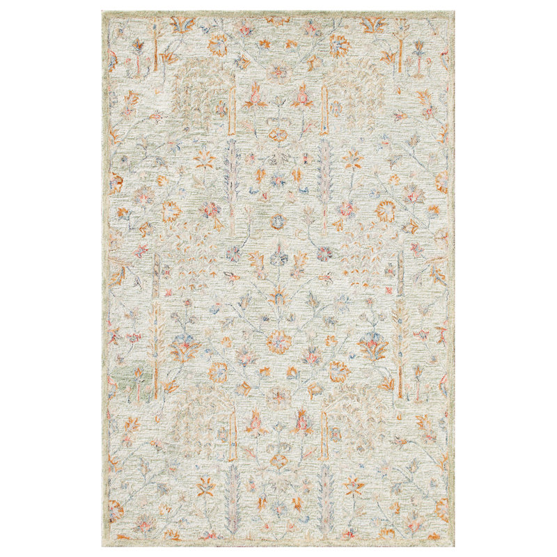 Floral Hand Tufted Wool Rug Cream Green Taupe