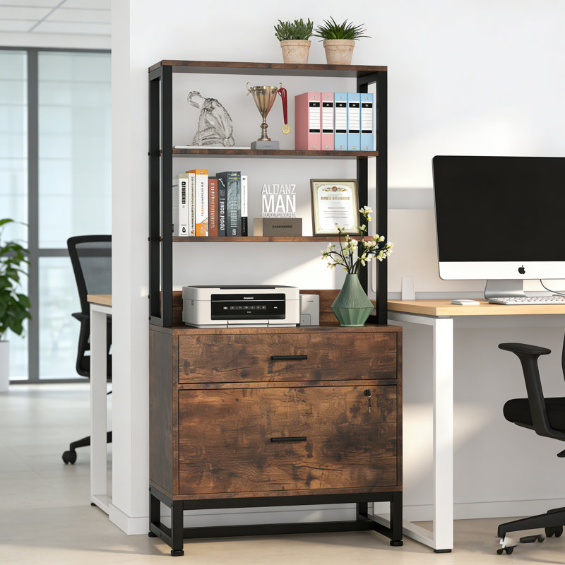2 Drawers Tall File Cabinet with Shleves, Brown