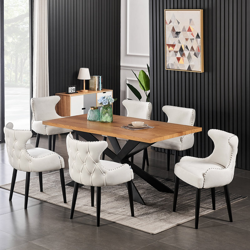 Ricky 6 Person Dining set - a Rectangular Wooden Dining Table with Metal Legs and a Set of 6 Quilted Velvet Dining Chairs for Dining Room - Modern Dining Table Set