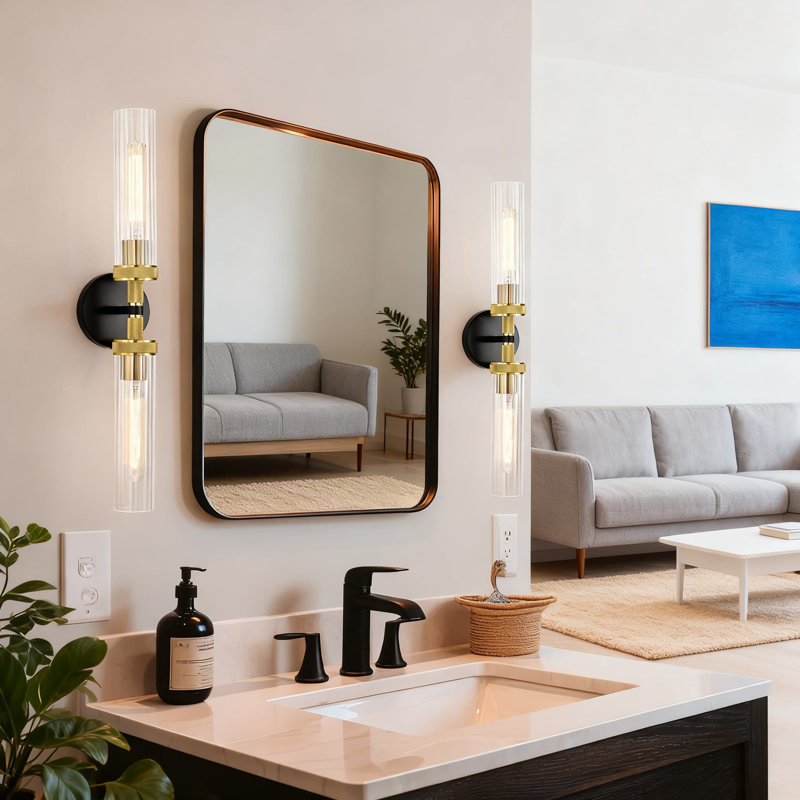 Modern Dual-Light Wall Sconce With Rippled Glass Shades, Textured Metal Bathroom Vanity Light For Over Mirror Or Hallway, 25 Inch Height