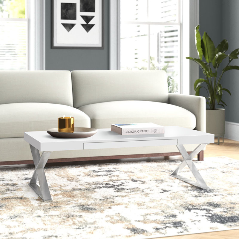 Pangea Home Alexa Cross Legs Modern Coffee Table with Storage - High Gloss or Wood Veneer Rectangular Coffee Table with Steel Metal Legs, Contemporary Living Room Centerpiece