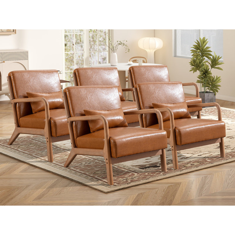 Lyon 25.78" Wide Mid Century Faux Leather Accent Chair with an Extra Pillow(Set of 5), Camel Faux Leather