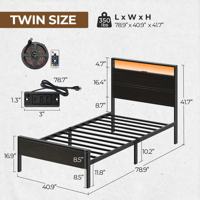 Deviana Metal Bed with Headboard and Charging Station, LED Light Included, Twin, Black