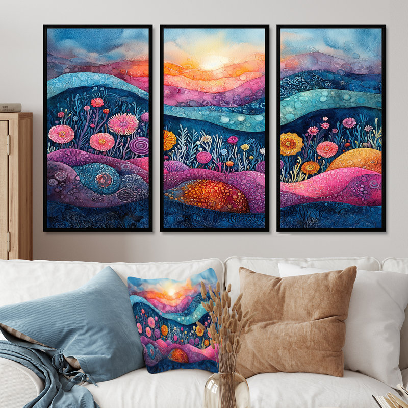 «Pink and Blue Coastal Coral Under Dream I», ensemble d'art mural côtier, Toile avec cadre flottant noir