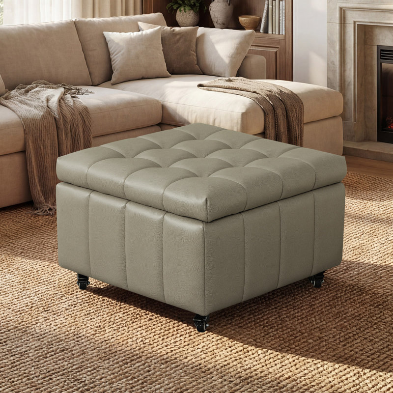 23.5" W Square Faux Leather Ottoman With Storage Puff with Casters, Modern Gray