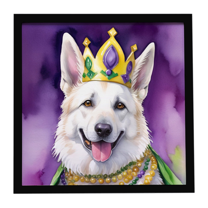 «White German Shepherd King of Mardi Gras», reproduction d'art encadrée