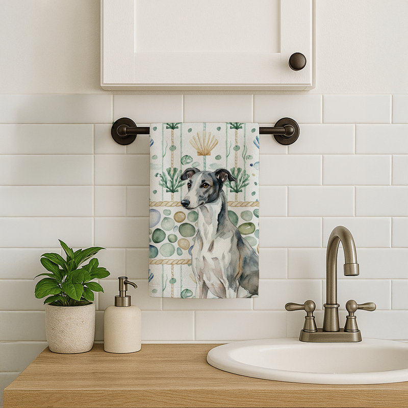 Black and White Greyhound Coastal Sea Glass Kitchen Towel, Black and White Greyhound