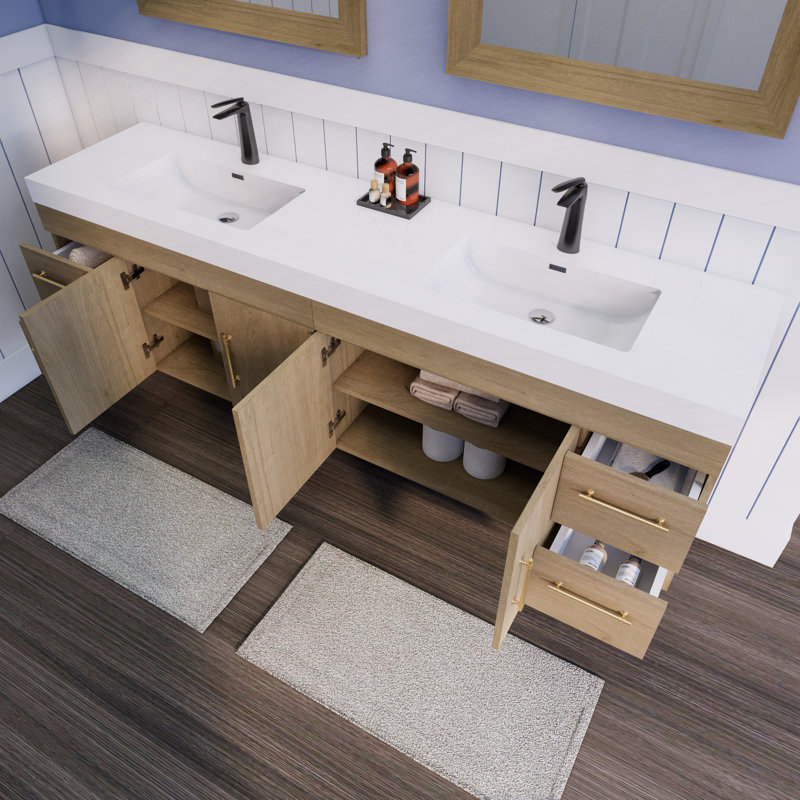 Ensemble de meuble-lavabo mural double 84 po Batoul Spring, Chêne blanc