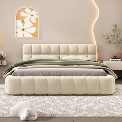Grand lit plateforme tapissier avec tissu épais et lit au sol avec structure solide