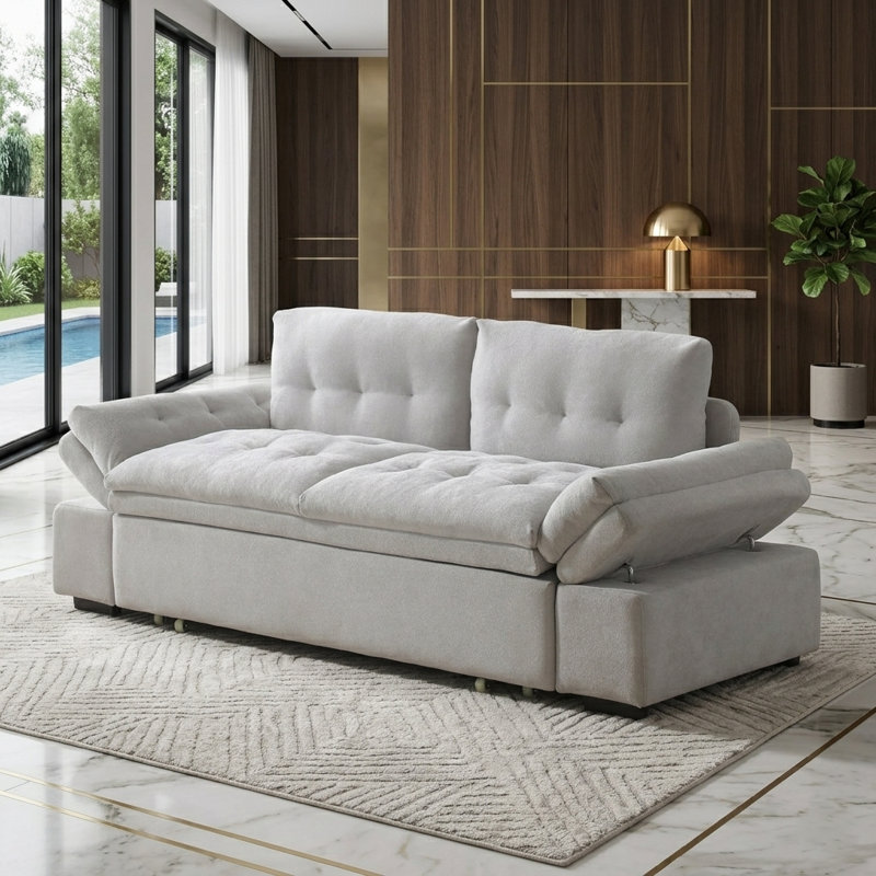 Modern Upholstered 3-in-1 Convertible Sleeper Sofa Bed with Pull-Out Bed and Adjustable Armrests, Gray