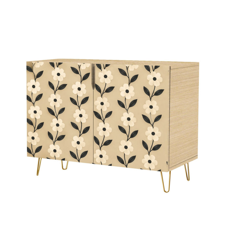 Buffet Buffet avec rangement Vintage Floral Cream Fleurs noires avec 2 portes pour le salon et la cuisine