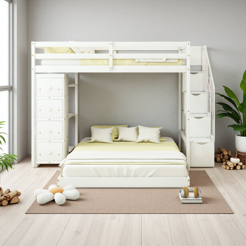 Twin Over Full Bunk Bed With 3-Layer Shelves, Drawers And Storage Stairs, White