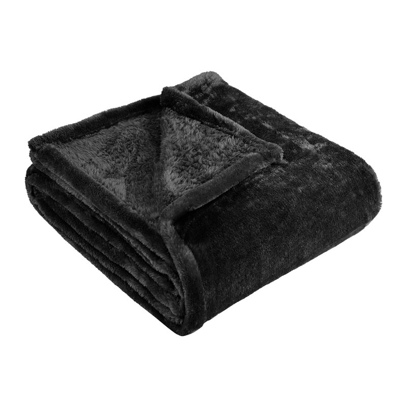 Black Reversible Fleece and Wool Throw Blanket