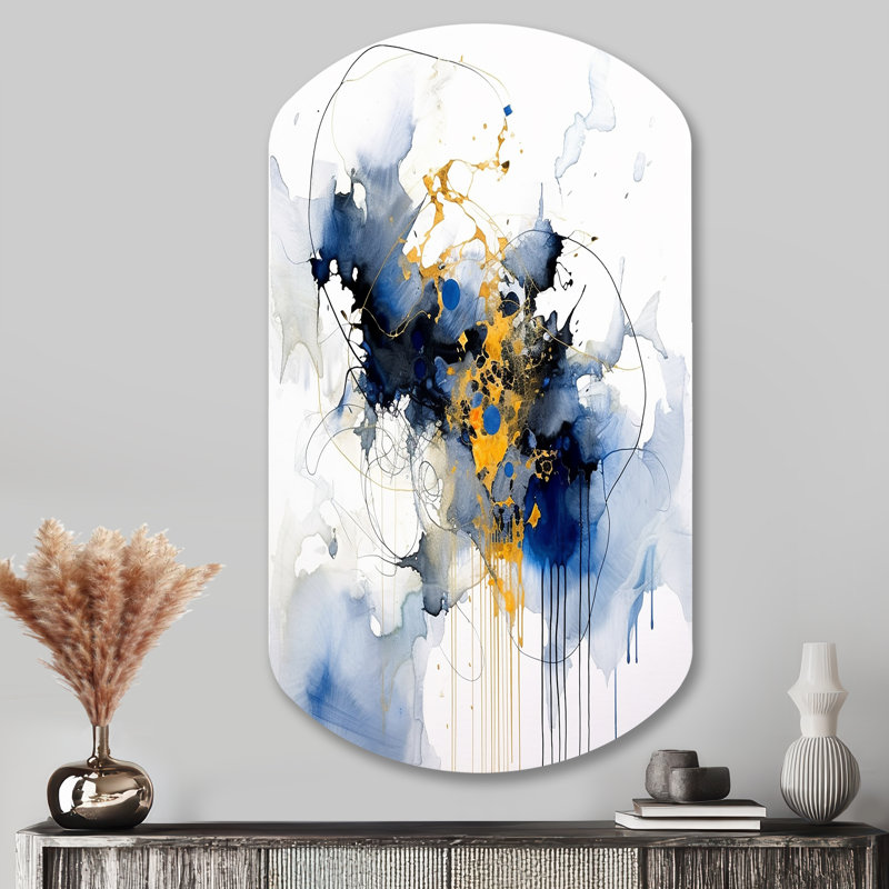 Dark Blue and Gold Strokes XIII - Fractals Asymmetrical Metal Wall Decor, Modern Cylinder Metal Art Print