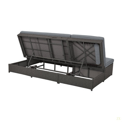 Outdoor Double Sunbed, Wicker Rattan Patio Reclining Chairs With Adjustable Backrest And Seat, Conversational Set For 2 Person