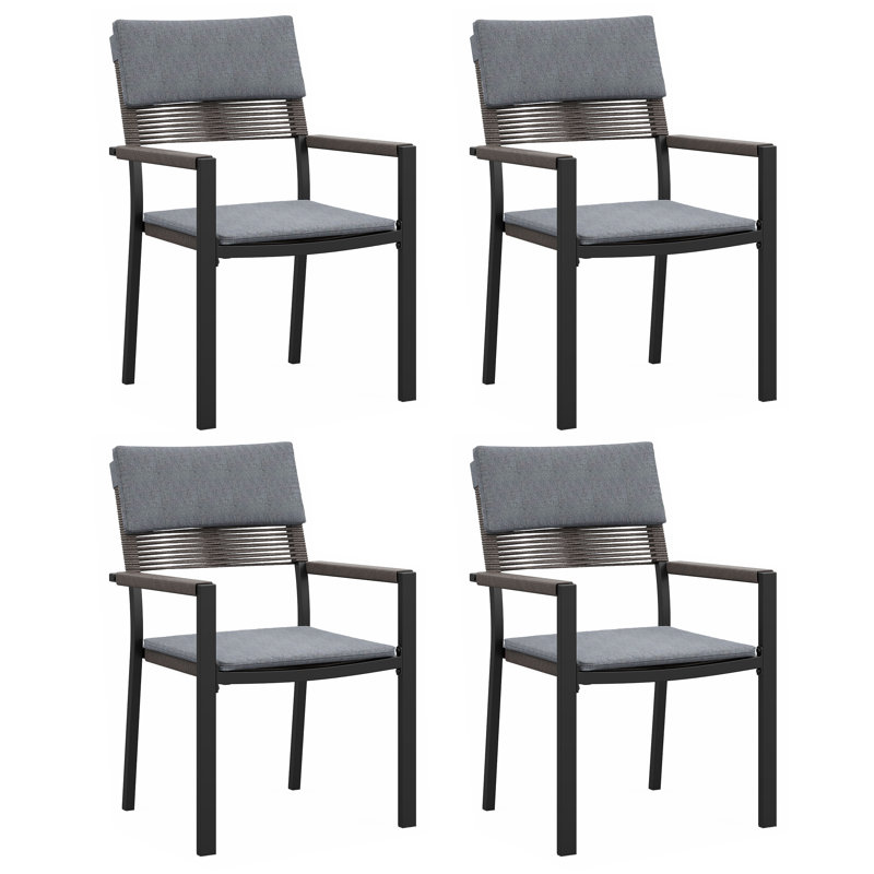 Chaises de patio en métal et osier avec coussins (ensemble de 4), Gris foncé